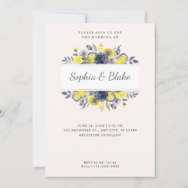 Gelbe und blaue Blütenrahmen blassrosa Hochzeit Einladung
