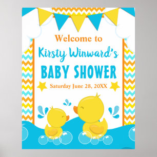 Gelbe und blaue Gummiente mit Punkten Baby-Party Poster