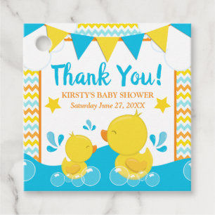 Gelbe und blaue Gummiente mit Punkten - Babyparty Geschenkanhänger
