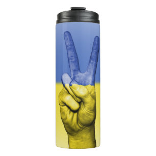 Gelbe und blaue Hand - Friedenszeichen Thermosbecher
