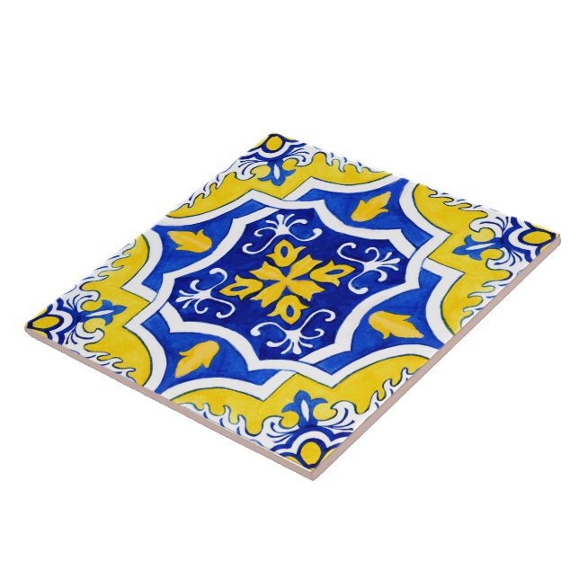 Gelbe und blaue portugiesische Keramik. Fliese (Seite)