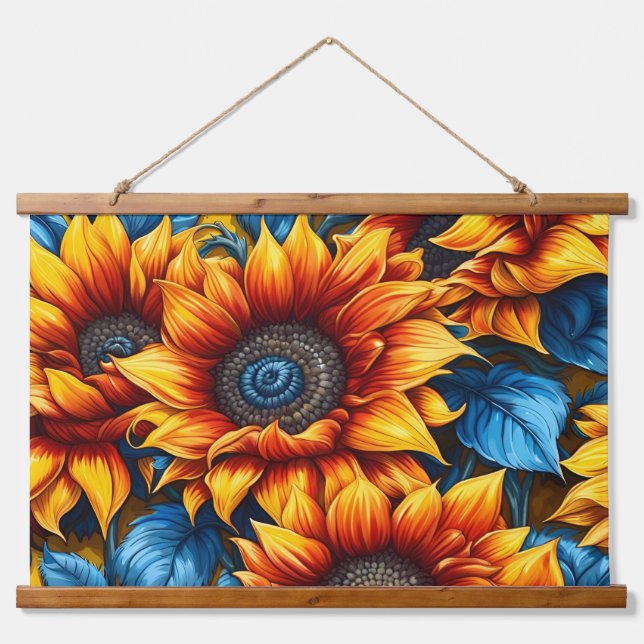 Gelbe und blaue Sonnenblumen Wandteppich Mit Holzrahmen (Vorne)