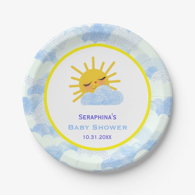 Gelbe und blaue Sonnenschirmwolken Babydusche Pappteller (Vorderseite)