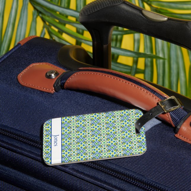 Gelbe und blaue spanische Fliesen Gepäckanhänger (Vorderseite Insitu 3)