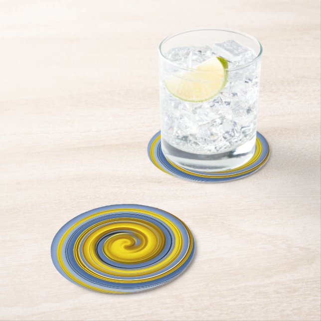 Gelbe und blaue Spirale Runder Pappuntersetzer (Vor Ort)