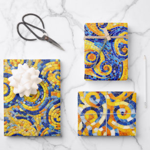Gelbe und blaue Sternennacht-Mosaikglas-Muster Geschenkpapier Set