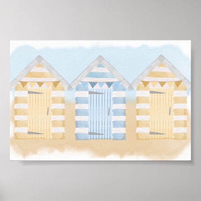 Gelbe und blaue Strandhütten Ozeanfarben Poster (Vorne)