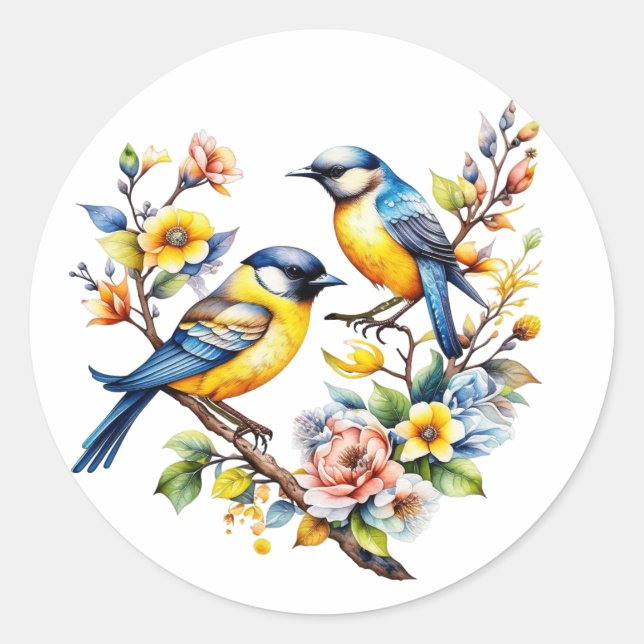Gelbe und blaue Vögel und Blume Runder Aufkleber (Vorderseite)