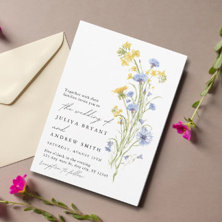 Gelbe und blaue Wildblumenhochzeit Einladung