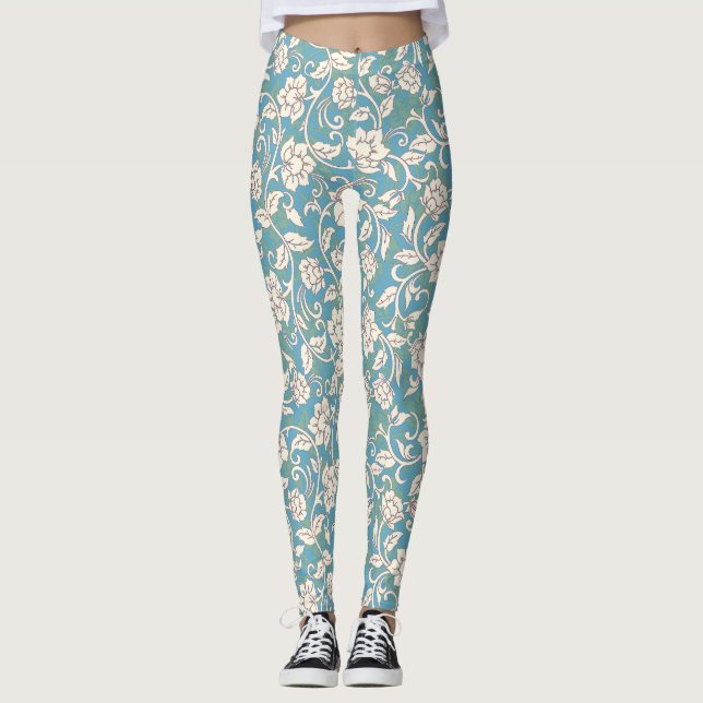 Gelbe und blaue wirbelnde Blume Leggings (Vorderseite)