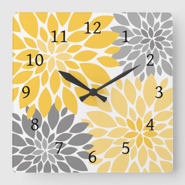 Gelbe und graue Chrysanthemen Blumenmuster Quadratische Wanduhr (Vorderseite)