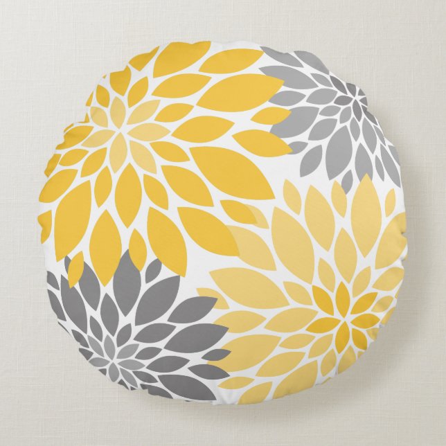 Gelbe und graue Chrysanthemen Blumenmuster Rundes Kissen (Vorderseite)
