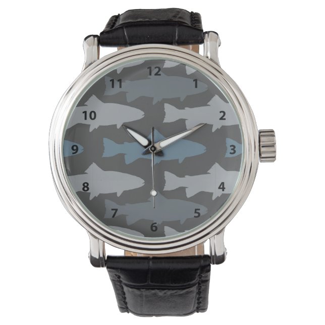 Gelbe und graue Fun Trout Fish Muster Armbanduhr (Vorderseite)