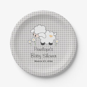 Gelbe und graue Gingham-Lamm-Babyparty Pappteller