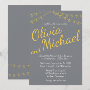 Gelbe und graue Hochzeitseinladung mit Lichtern Einladung