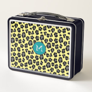 Gelbe und graue Leopardenprint-Monogramm Metall Brotdose