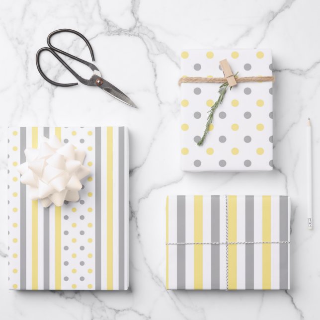 Gelbe und graue Polka-Punkte und niedliche, helle  Geschenkpapier Set (Vorderseite)