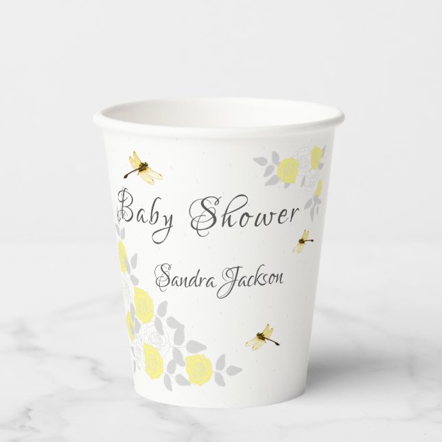 Gelbe und graue Rose Dragonfly Babydusche Pappbecher (Vorderseite)