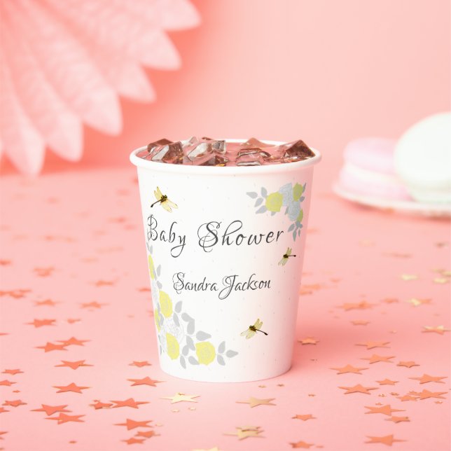 Gelbe und graue Rose Dragonfly Babyduschpapier Pappbecher (Insitu)