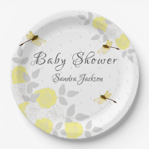 Gelbe und graue Rose Dragonfly Babyduschpapier Pappteller