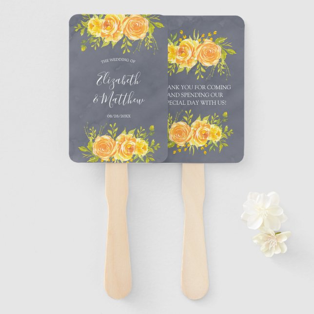 Gelbe und graue Rose Peony Wedding Hand Fan Fächer (Vorne und Hinten)