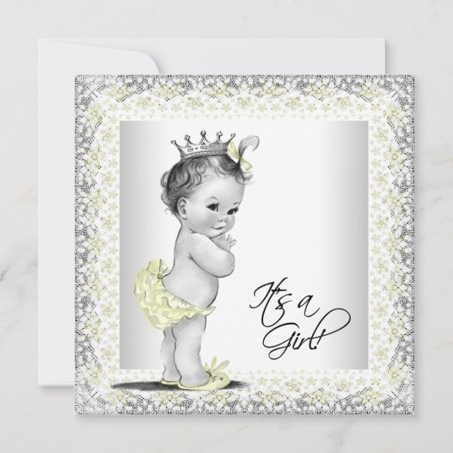Gelbe und graue Vintage Babymädchendusche Einladung (Vorderseite)