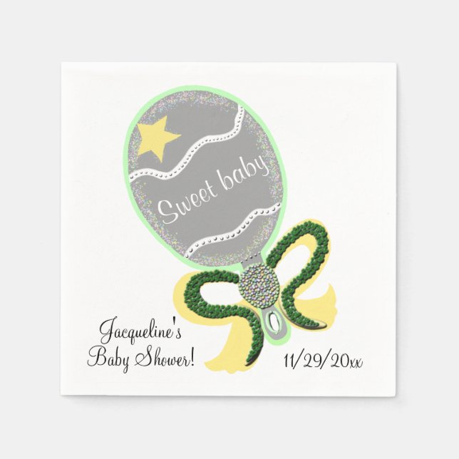 Gelbe und grüne Baby Rattle Sweet Baby Dusche Serviette (Vorderseite)