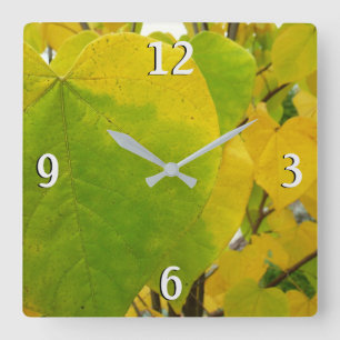 Gelbe und grüne Redbud-Blätter Quadratische Wanduhr