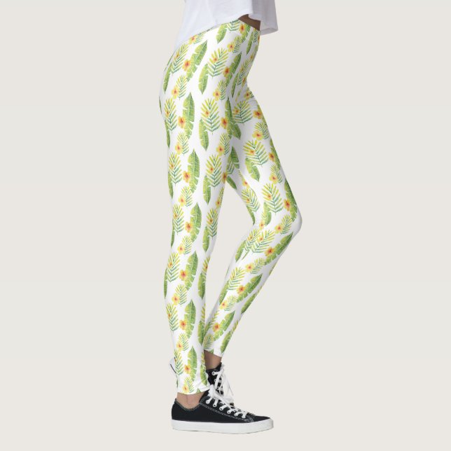Gelbe und grüne tropische Blätter und Blume Leggings (Rechts)