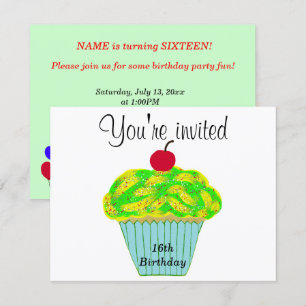 Gelbe und grüne Vanille-Kirsch-Cupcake-Verzierung Einladung