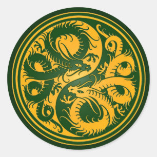 Gelbe und grüne Yin Yang Chinese-Drachen Runder Aufkleber