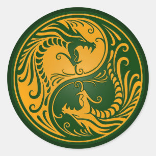 Gelbe und grüne Yin Yang Drachen Runder Aufkleber