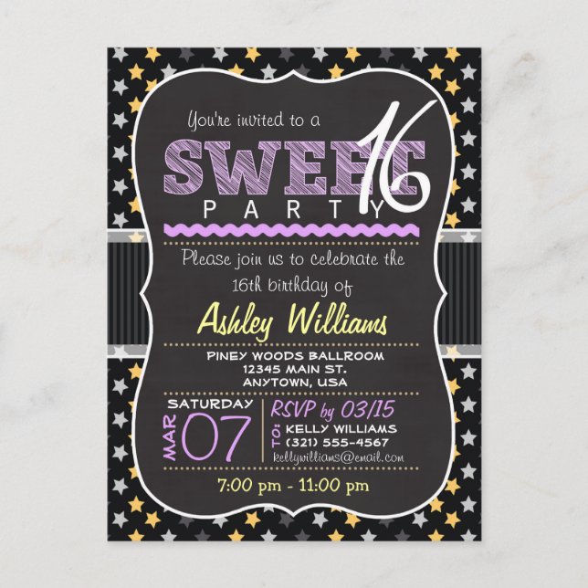 Gelbe und Lila Sterne Sweet 16 Postcard Einladung (Vorderseite)