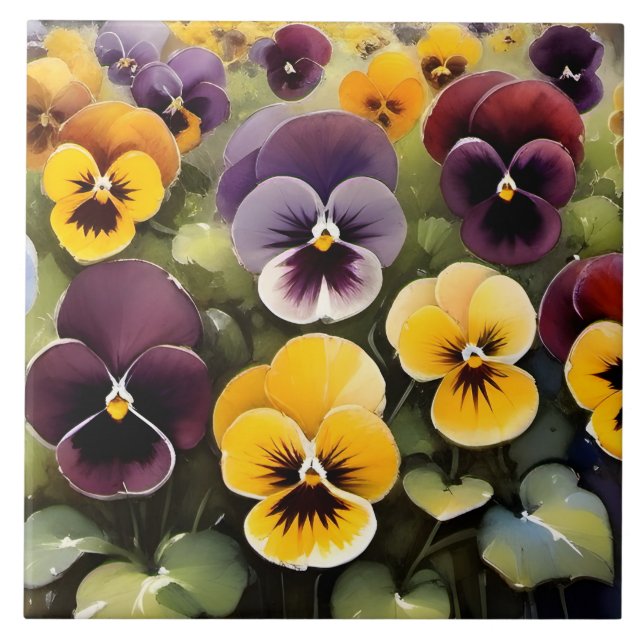 Gelbe und lila Stiefmütterchen Aquarellmalerei Fliese (Vorderseite)