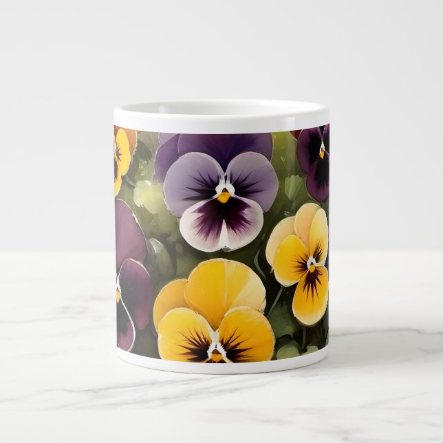Gelbe und lila Stiefmütterchen Aquarellmalerei Jumbo-Tasse (Vorderseite)