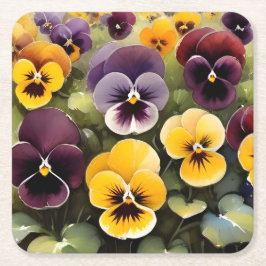 Gelbe und lila Stiefmütterchen Aquarellmalerei Rechteckiger Pappuntersetzer