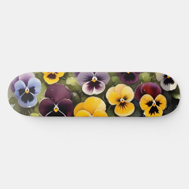 Gelbe und lila Stiefmütterchen Aquarellmalerei Skateboard (Horizontal)