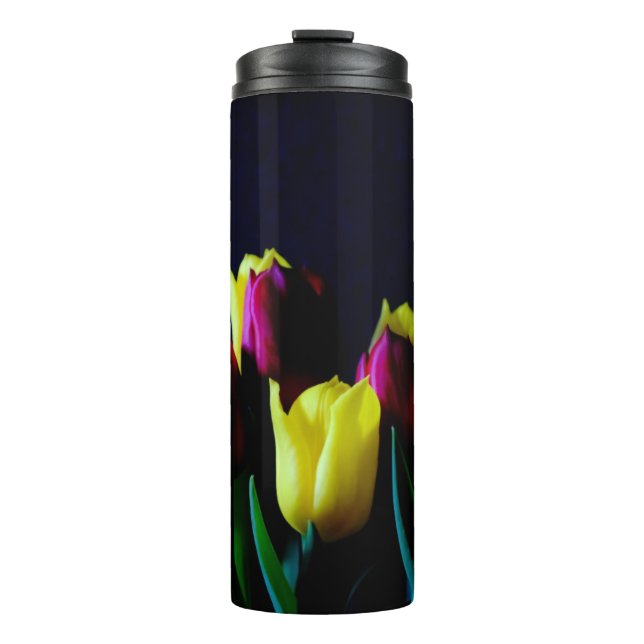 Gelbe und Lila Tulips Thermosbecher (Vorderseite)