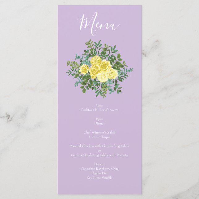 Gelbe und Lila Vintage Hochzeit Menükarte (Vorderseite)