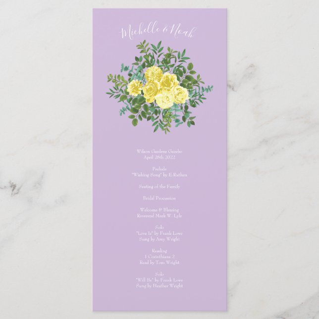 Gelbe und Lila Vintage Hochzeit Menükarte (Vorderseite)