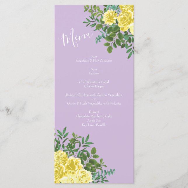 Gelbe und Lila Vintage Hochzeit Menükarte (Vorderseite)