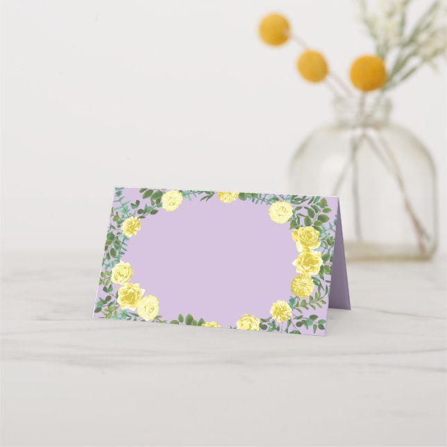 Gelbe und Lila Vintage Hochzeit Platzkarte (Vorderseite)