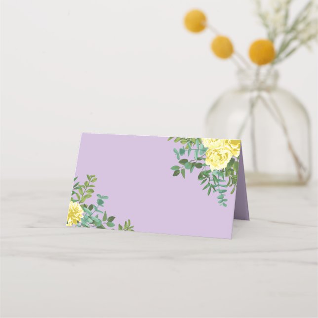 Gelbe und Lila Vintage Hochzeit Platzkarte (Vorderseite)