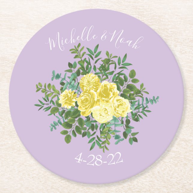 Gelbe und Lila Vintage Hochzeit Runder Pappuntersetzer (Vorderseite)