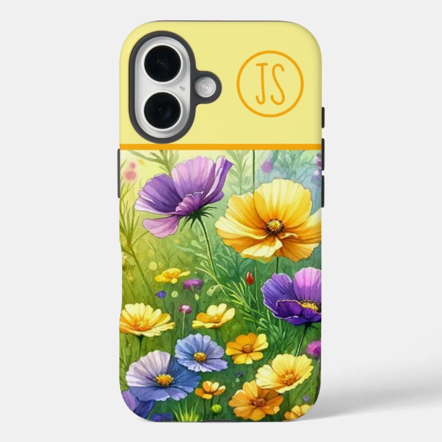 Gelbe und Lila Wildblumen Mit Monogramm iPhone 16 Hülle (Rückseite)