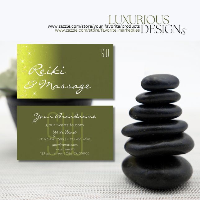 Gelbe und olibergrüne Glitzer mit Initialen Visitenkarte (Von Creator hochgeladen)