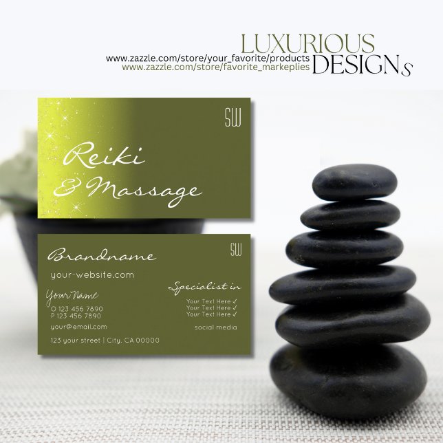 Gelbe und olibergrüne Glitzer mit Monogramm Visitenkarte (Von Creator hochgeladen)