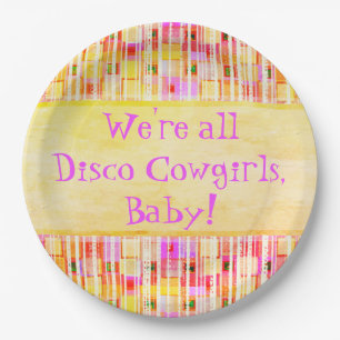 Gelbe und rosa Disco Cowgirl Randpapier Teller