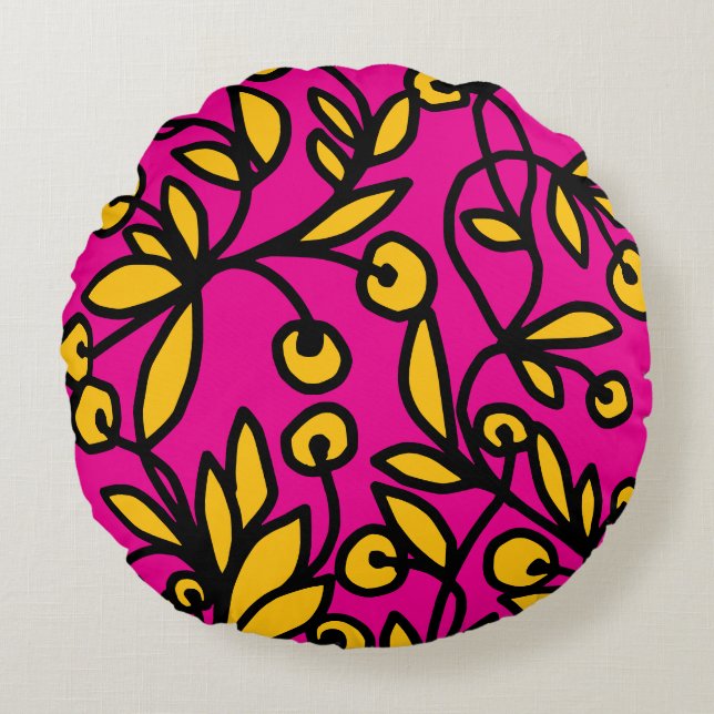 Gelbe und rosa Doodle Rundes Kissen (Vorderseite)