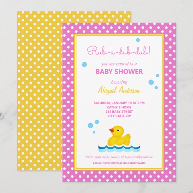 Gelbe und rosa Duck Polka Dots Baby Dusche Invita Einladung (Vorne/Hinten)